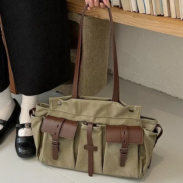 grand sac fourre-tout décontracté en toile pour femme, sac à bandoulière grande capacité, sac à main vert armée adapté à tous les adultes, idéal pour les trajets quotidiens