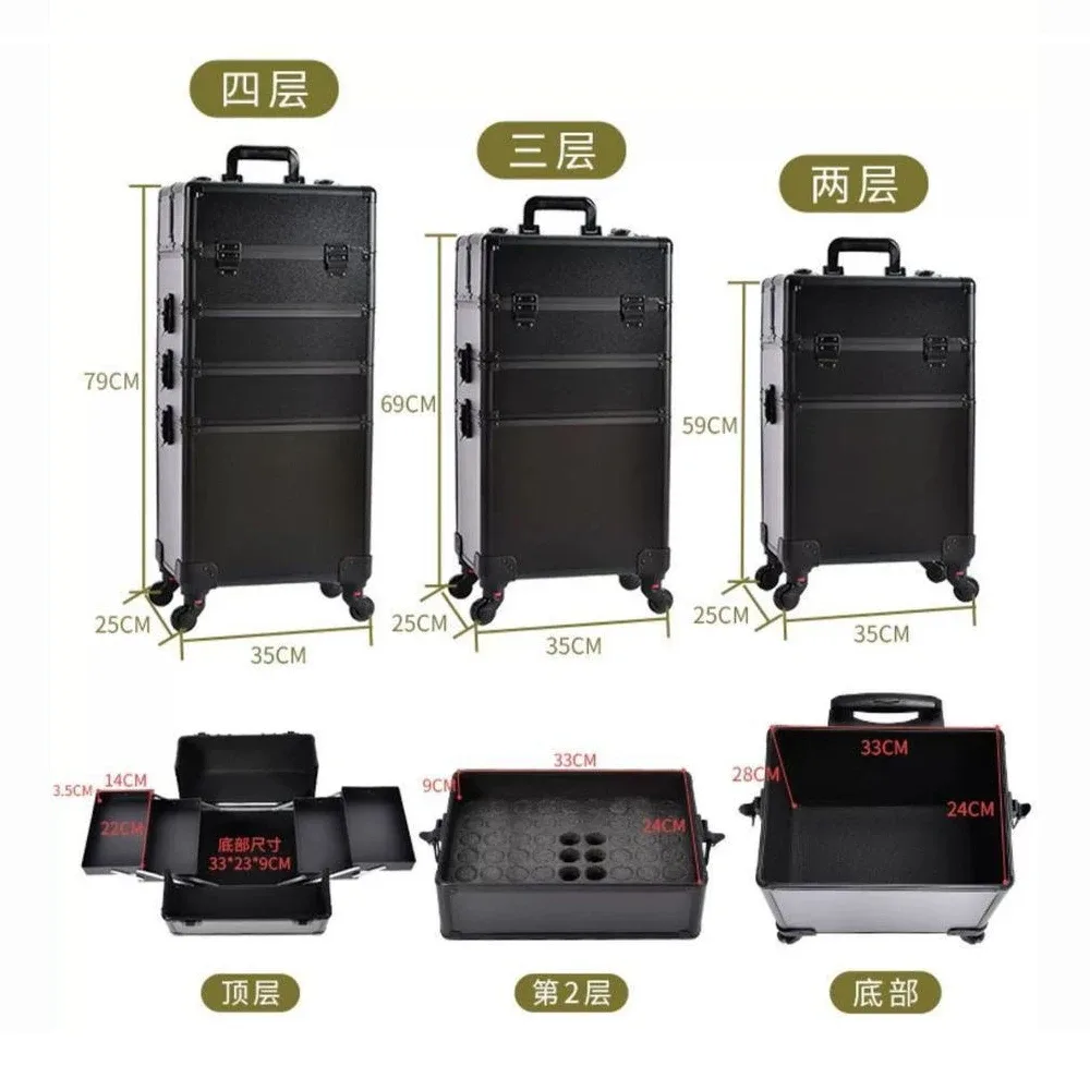 valise de maquillage professionnelle à 2/3/4 niveaux, trolley portable pour cosmétiques, boîte de rangement pour ongles, tatouages, broderies et outils de beauté.