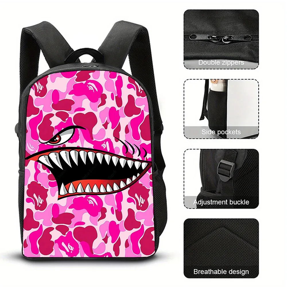 sac à dos tendance avec motif requin, imprimé graffiti et dessin animé, léger et décontracté pour étudiants et voyages