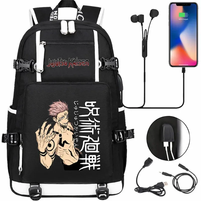 jujutsu kaimmer-sacs à dos college pour hommes et femmes, cartable anime pour adolescents, port de charge usb décontracté, sacs d'extérieur pour ordinateur portable, noir, mochila