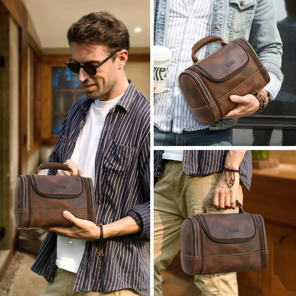 trousse toilette cuir vache marron vieille crazy horse multi compartiments zip bandes contrastantes travail affaires voyage