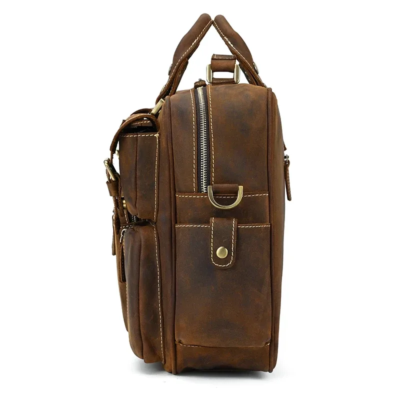 serviette vintage en cuir de cheval fou pour hommes, grand ordinateur portable, sac d'affaires en cuir véritable, fourre-tout de travail, sac de voyage, sacoche en cuir de vache