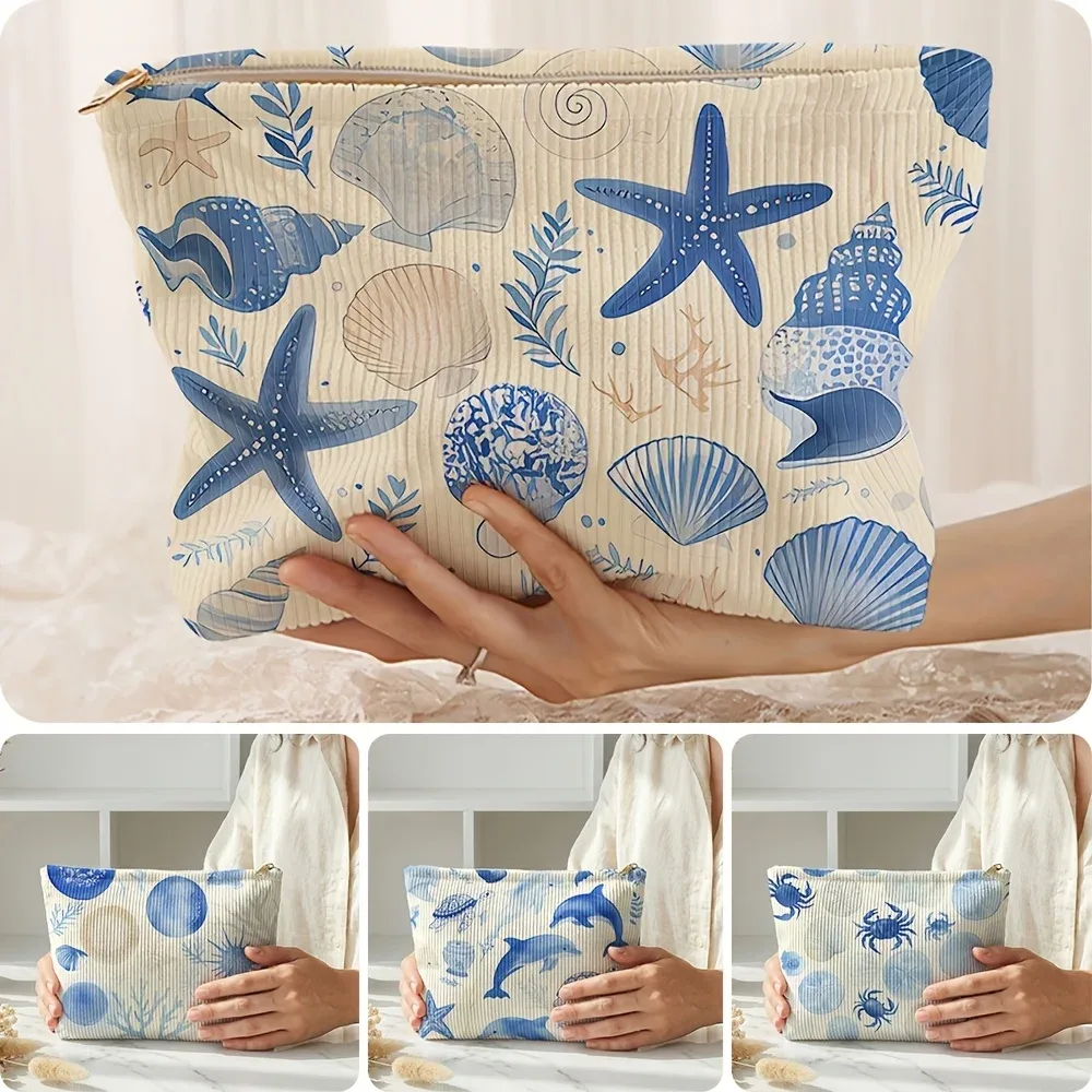 trousse de maquillage imprimée motif coquillages et étoiles de mer - pochette de rangement légère à fermeture éclair, unisexe, adaptée aux articles de toilette et aux accessoires
