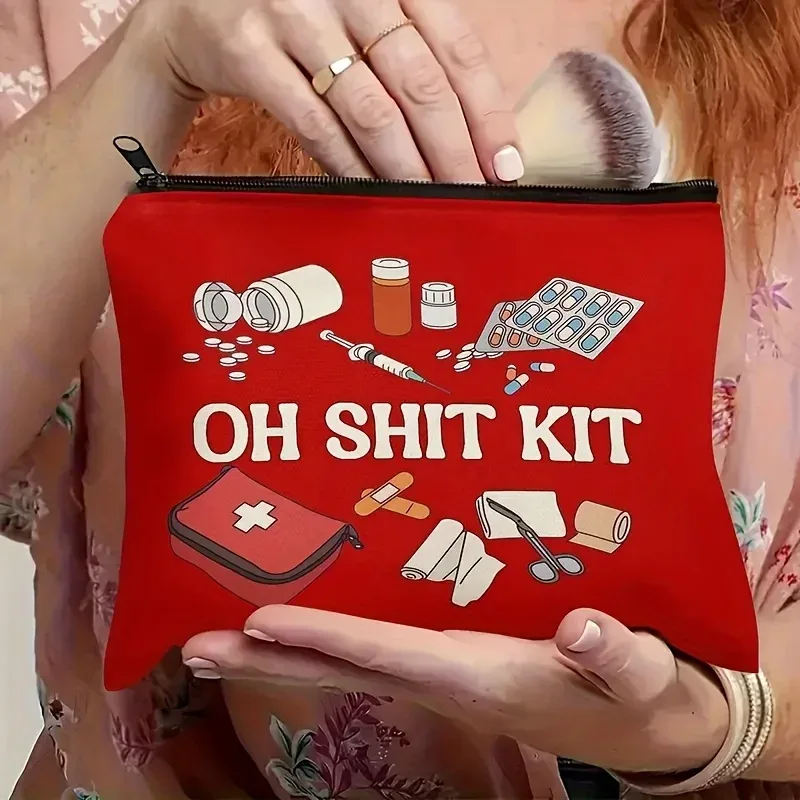 oh no, un sac! une pochette rouge avec motif imprimé, un sac d'accessoires de voyage humoristique, un trousse de premiers secours portable pour les cosmétiques