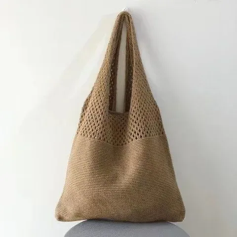 sac fourre-tout en laine tricoté de couleur unie, nom personnalisé, sac de shopping pour femmes, sac à main rétro ajouré, sacs à main doux brodés personnalisés