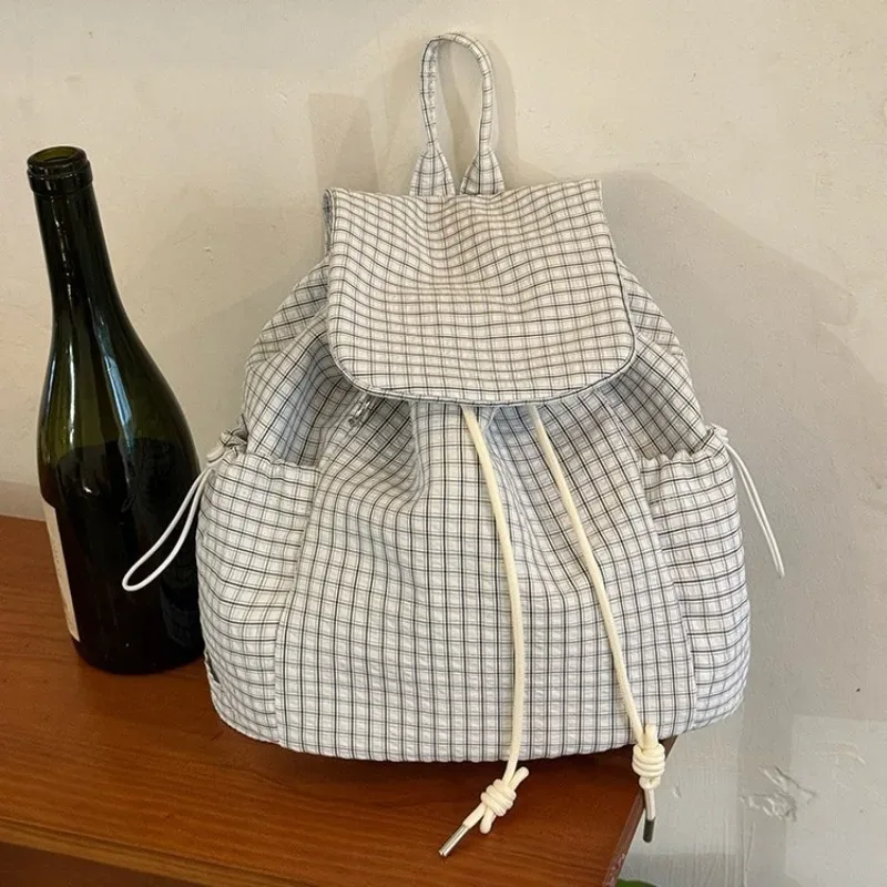 sac à dos à rabat à cordon de serrage à carreaux, sac à dos léger et décontracté, sac à dos pliable pour filles, pour les voyages, le shopping, le rangement quotidien, sac à livres
