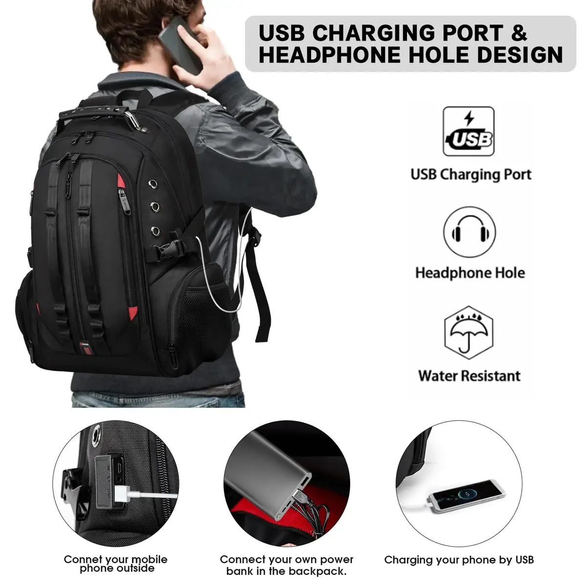 sac dos oxford université polyester noir compartiments multiples poches ordinateur portable bandoulière ergonomique recharge usb anti vol
