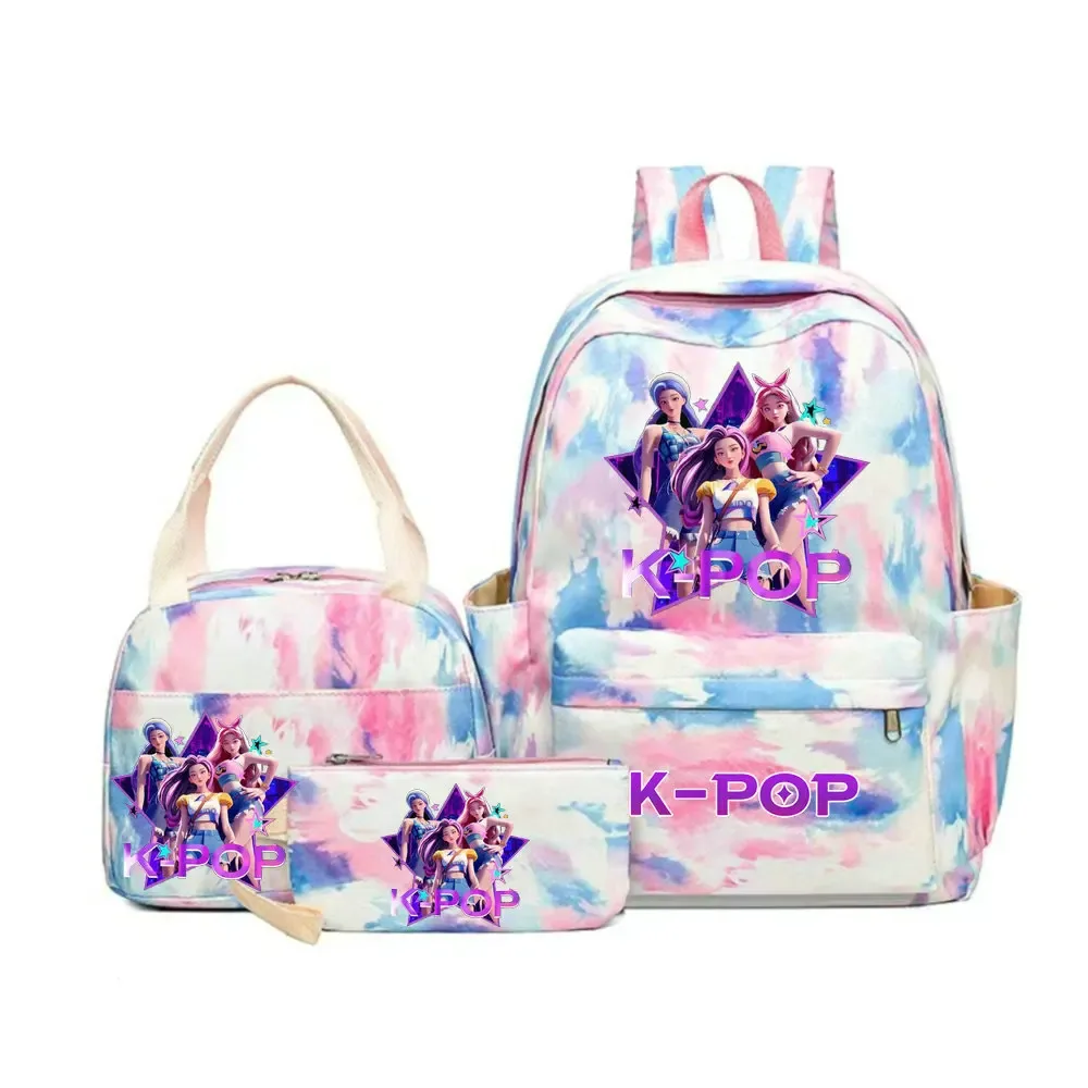 sac dos polyester motifs personnages kpop pompon ceinture coussin air bandes latérales poignée supérieure pliable extensible bleu rose violet voyage adolescents