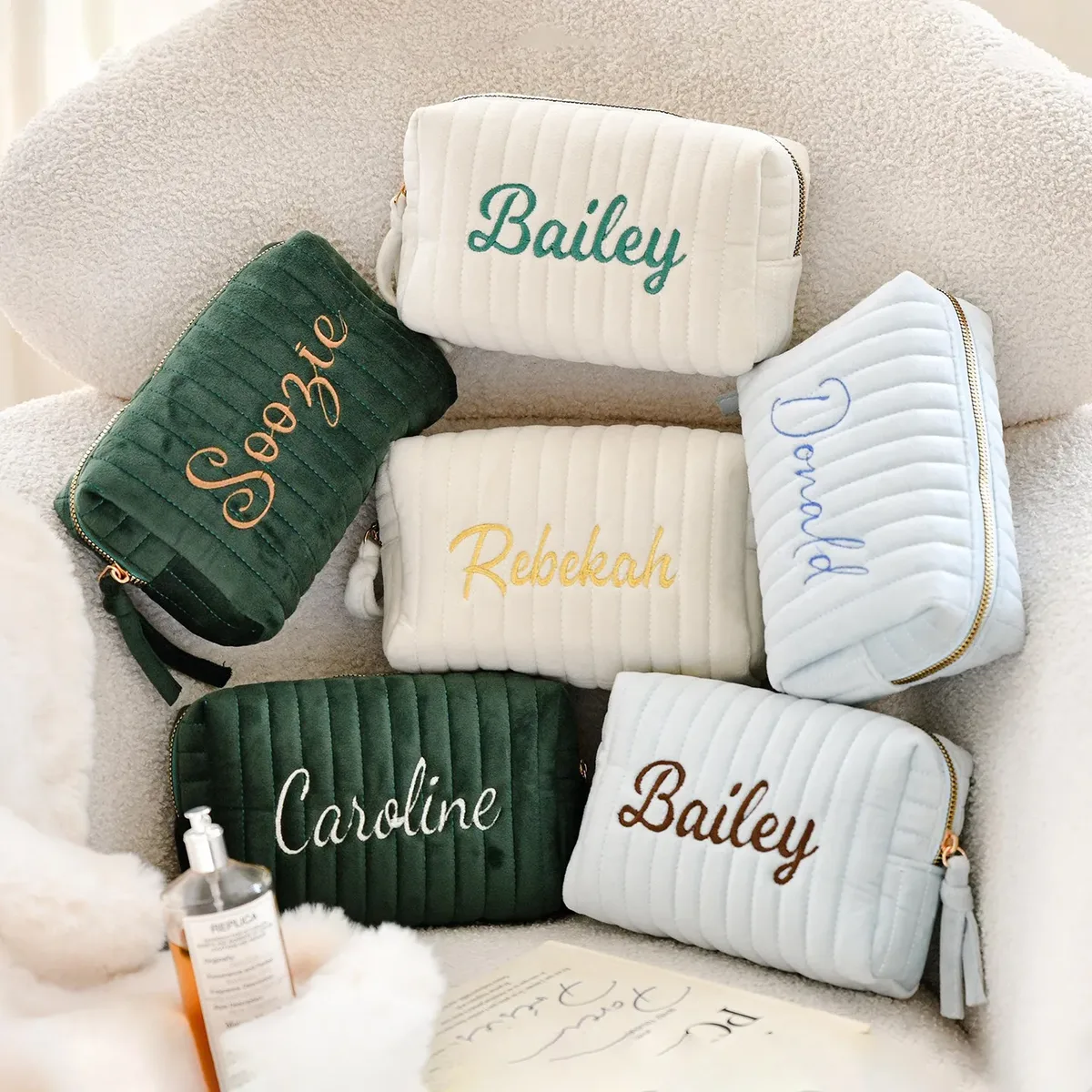 pochette de maquillage en velours côtelé personnalisée avec broderie, trousse de toilette esthétique, cadeau pour femmes et filles, trousse à crayons