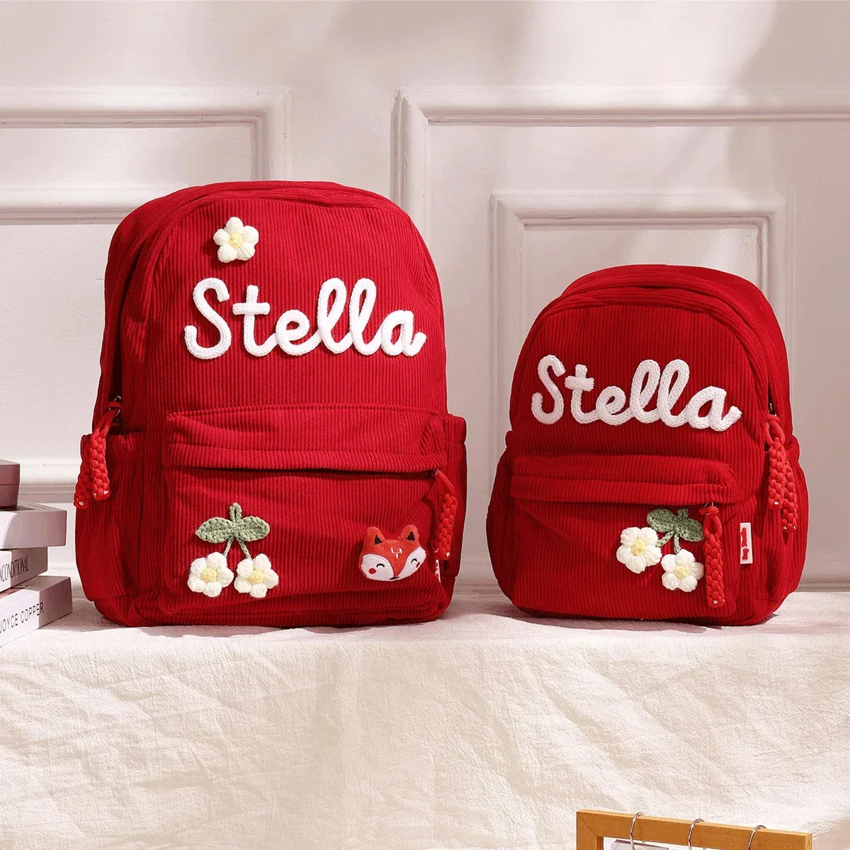 sacs à dos personnalisés en velours côtelé – sacs à dos brodés sur mesure, décorations florales/animalières, styles parent-enfant, sac pour sœur/frère