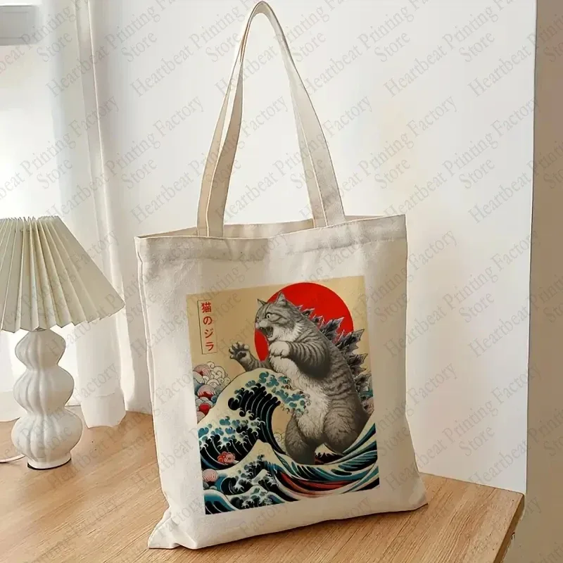 catzilla chat art japonais drôle chat cadeaux modèle sac fourre-tout toile sacs à bandoulière femmes sacs à provisions réutilisables meilleur cadeau