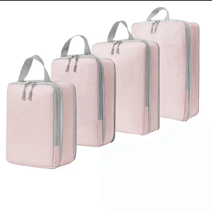 organisateur voyage polyester blanc bandes grises format rectangulaire poignées grises compression vêtements articles toilette rangement valise