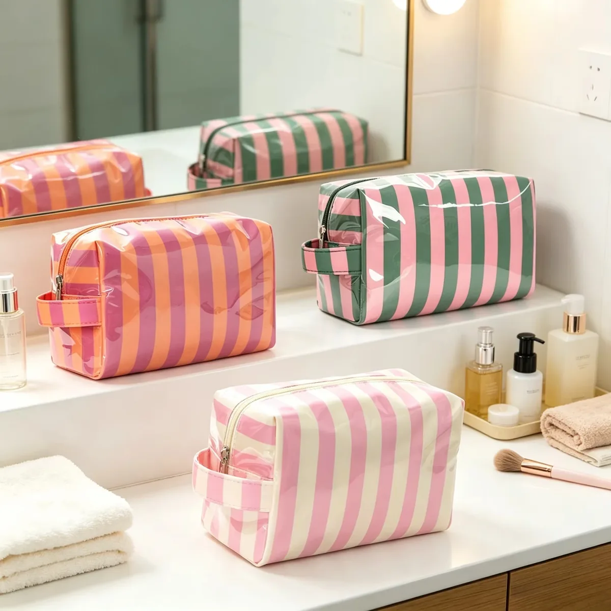 grande trousse de toilette de voyage rayée grande capacité, organisateur portable étanche pour maquillage et soins de la peau, idéale pour les vacances et les voyages en bus