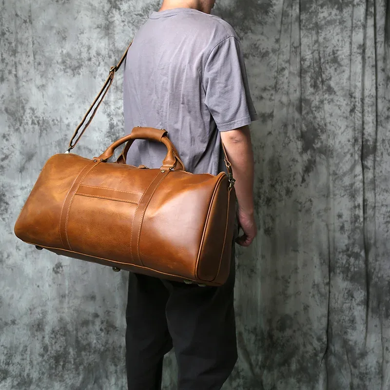 nzpj-sac de voyage rétro en cuir véritable pour homme, sac à main en cuir de cheval, couche supérieure, sac à bandoulière en cuir de vachette, bagage à roulettes portable