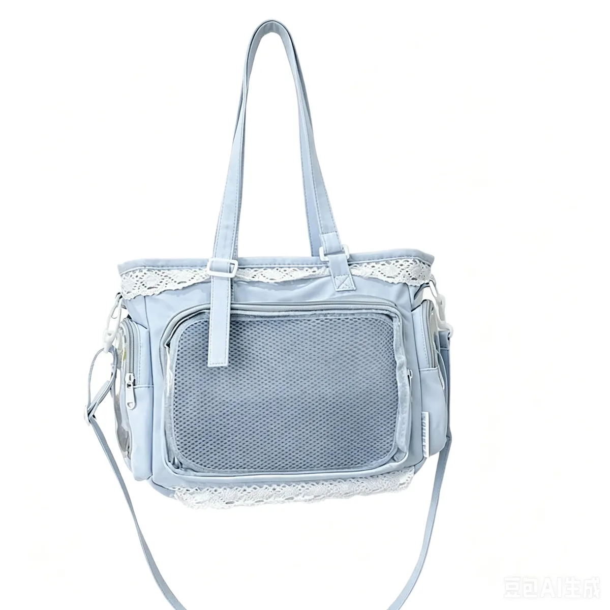 sac fourre-tout ita bag kawaii jaune en dentelle, grande capacité, avec fenêtre transparente pour l'affichage des badges anime, sac à bandoulière lolita mignon pour com