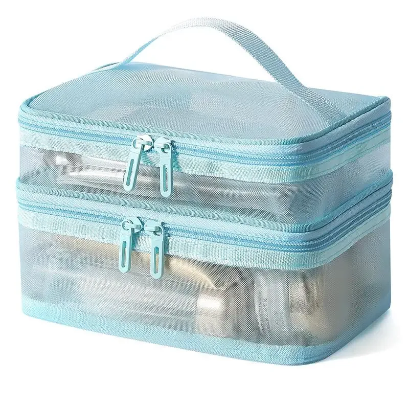 sac de voyage transparent en maille pour maquillage | organisateur de cosmétiques à grande capacité à une seule couche | pochette de rangement respirante pour produits de soin et articles de toilette