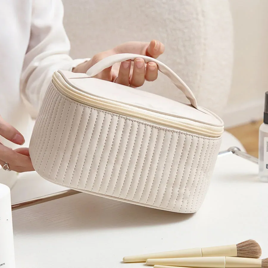 sacs de maquillage pour femmes, trousse de toilette de voyage, étuis mignons, boîte de rangement de maquillage portable de couleur unie, sac à cosmétiques nécessaire en cuir pu