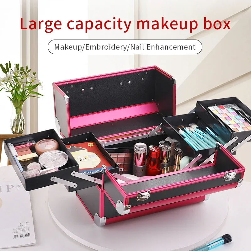 mallette de maquillage pro réglable, 4 plateaux coulissants, étui à cosmétiques, boîte de rangement, compartiments verrouillables