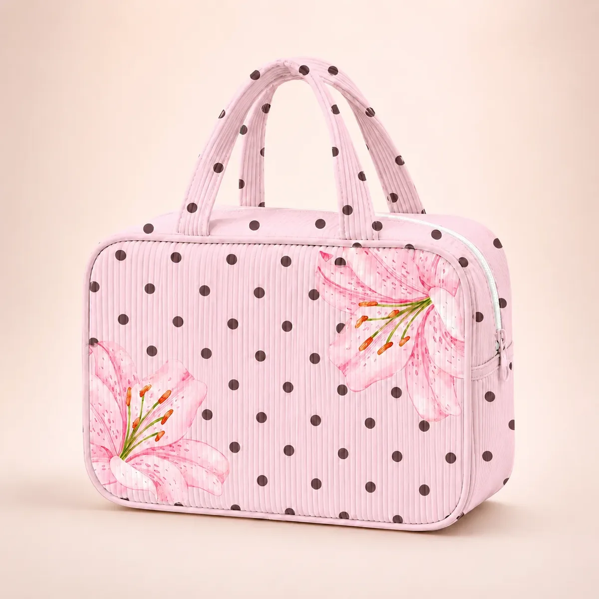 trousse de maquillage rose à pois, grande capacité côtelée avec fermeture éclair pour femmes, idéale pour les voyages et les articles de toilette