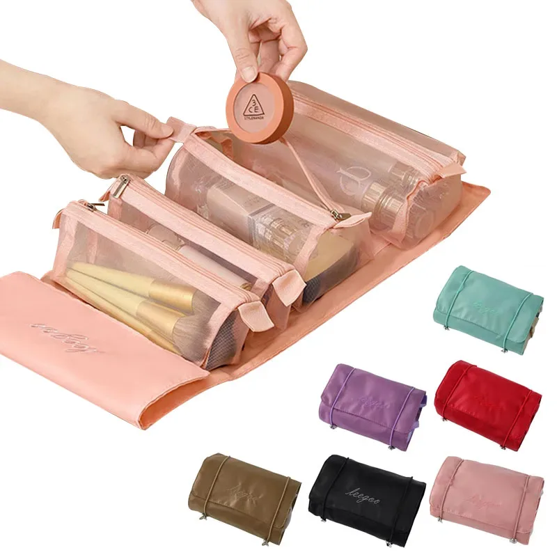 nouveau sac de maquillage pour femmes 4 en 1, sacs de rangement pliables et détachables en maille de nylon, sac de toilette cosmétique de voyage portable de grande capacité