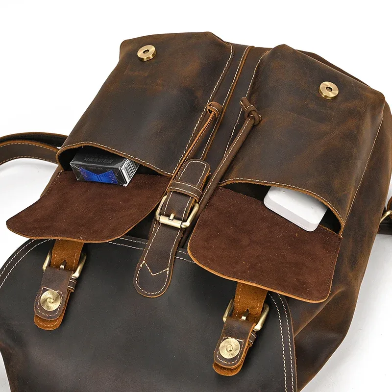luufan – sac à dos vintage en cuir véritable pour hommes, sac de jour seau en cuir de cheval fou, sac de voyage masculin de grande capacité, sacs d'école