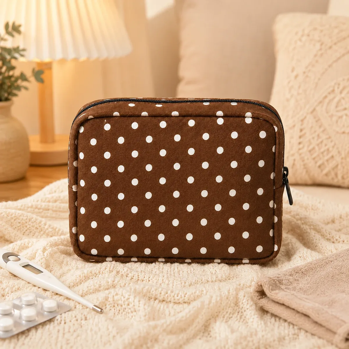 trousse de maquillage marron à pois, pochette portable grande capacité, organisateur de toilette pour femmes, essentiels de beauté quotidiens et de voyage