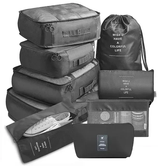 organisateur voyage polyester beige clair tissu imperméable poches maille transparente fermetures glissière poignées intégrées grande taille