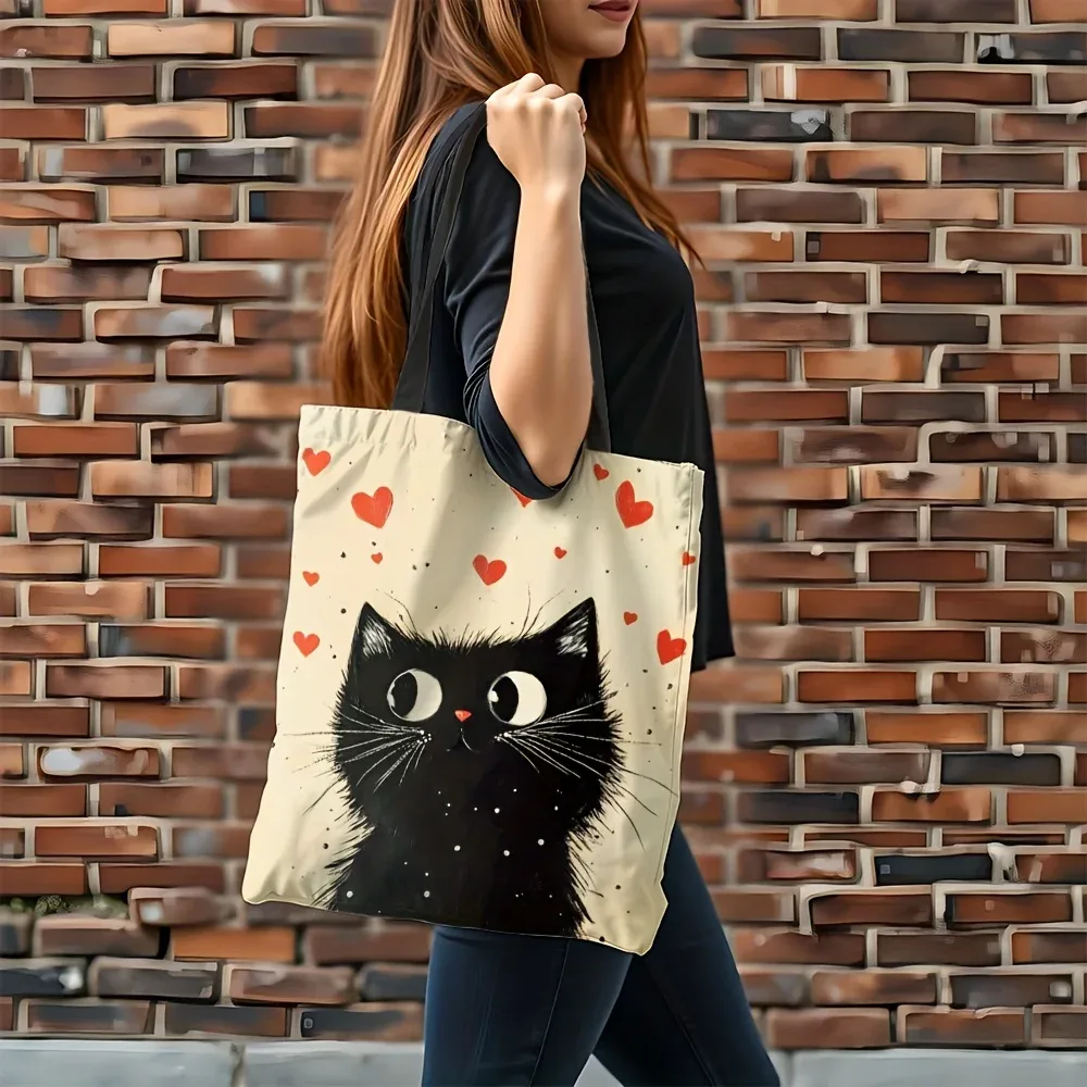 sac fourre-tout en polyester de grande capacité, sac à bandoulière rectangulaire avec imprimés de chat noir et de cœur, durable pour le shopping, 1 pièce