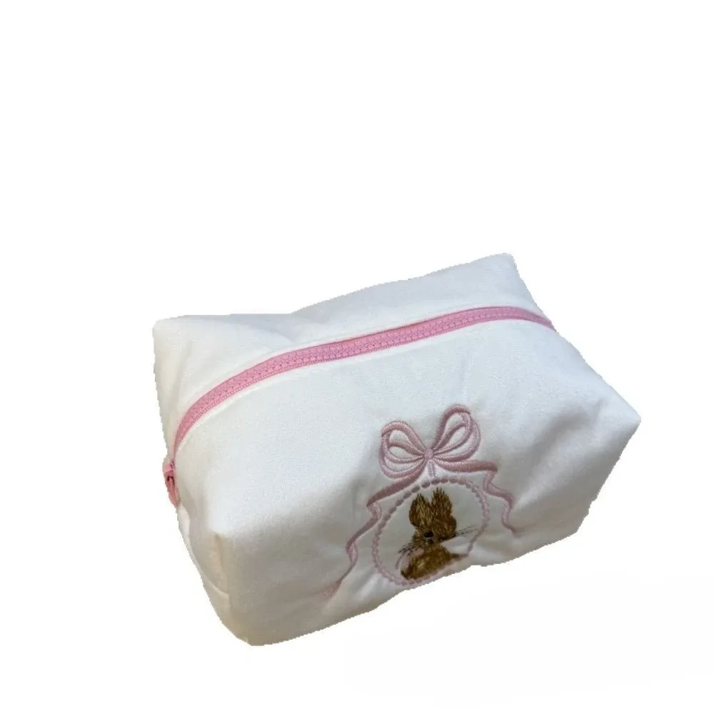 trousse de toilette de voyage blanche et rose à fermeture éclair pour femmes et filles, sac cosmétique lapin kawaii avec nœud en dentelle, grande capacité, organisateur de maquillage