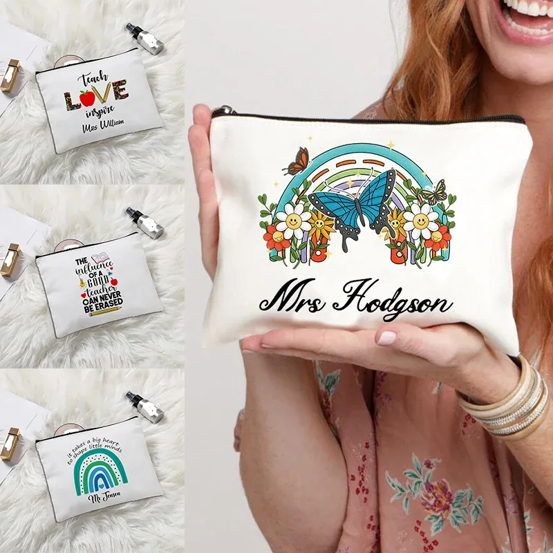 trousse de maquillage en toile "appréciation des enseignants", "aimer enseigner inspirer", pochette cosmétique mignonne avec fermeture éclair, organisateur de toilette portable pour voyage