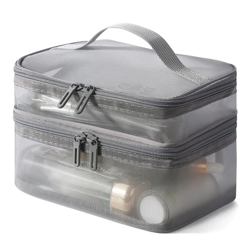 sac de rangement portable à 2 couches en maille avec fermeture éclair, trousse de maquillage à main, sac de voyage pliable transparent, pochette de toilette grande capacité