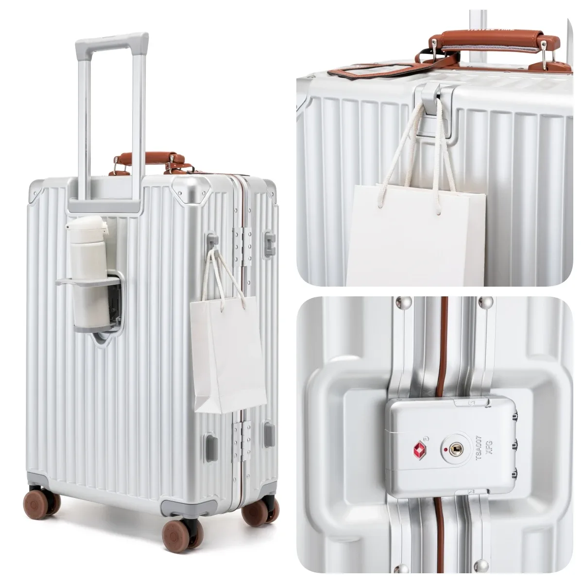 valise à roulettes fashoin en cuir souple avec poignée, coque rigide en pc, cadre en aluminium, serrure tsa, pour femme, 20/24 pouces