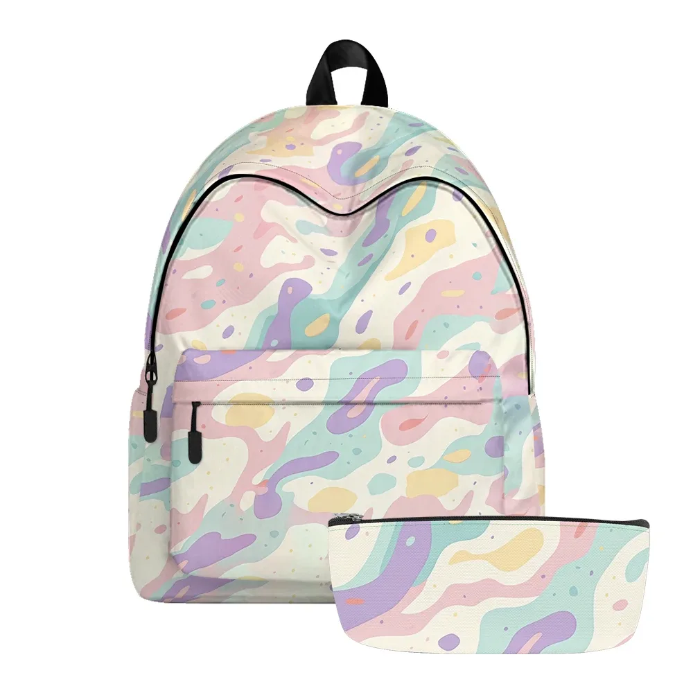sac à dos imprimé vague abstraite pastel, sacs à crayons, sangles réglables, léger et durable, sac à dos de voyage scolaire, ensembles pour adolescents