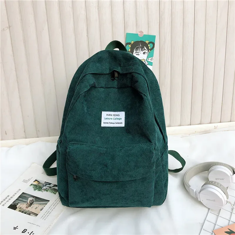 sac à dos coréen en velours côtelé, couleur unie, léger, imperméable, grande capacité, sac d'école pour étudiantes, sac de voyage pour filles et femmes