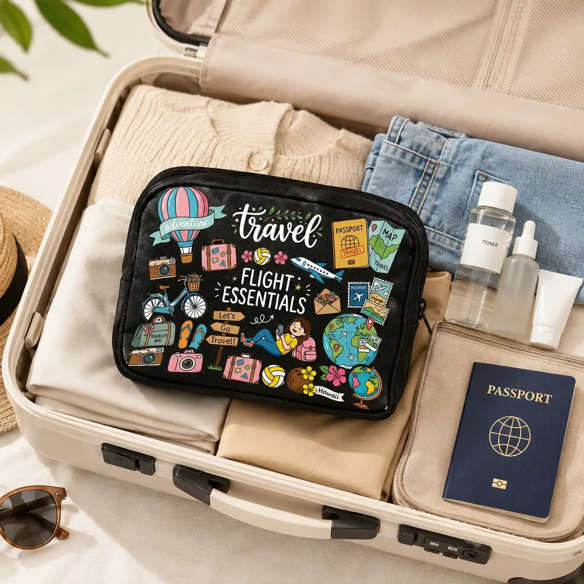 trousse de toilette de voyage pour femme, imprimé coloré flight essentials, organiseur de maquillage portable à fermeture éclair pour la plage, les vacances et les bagages