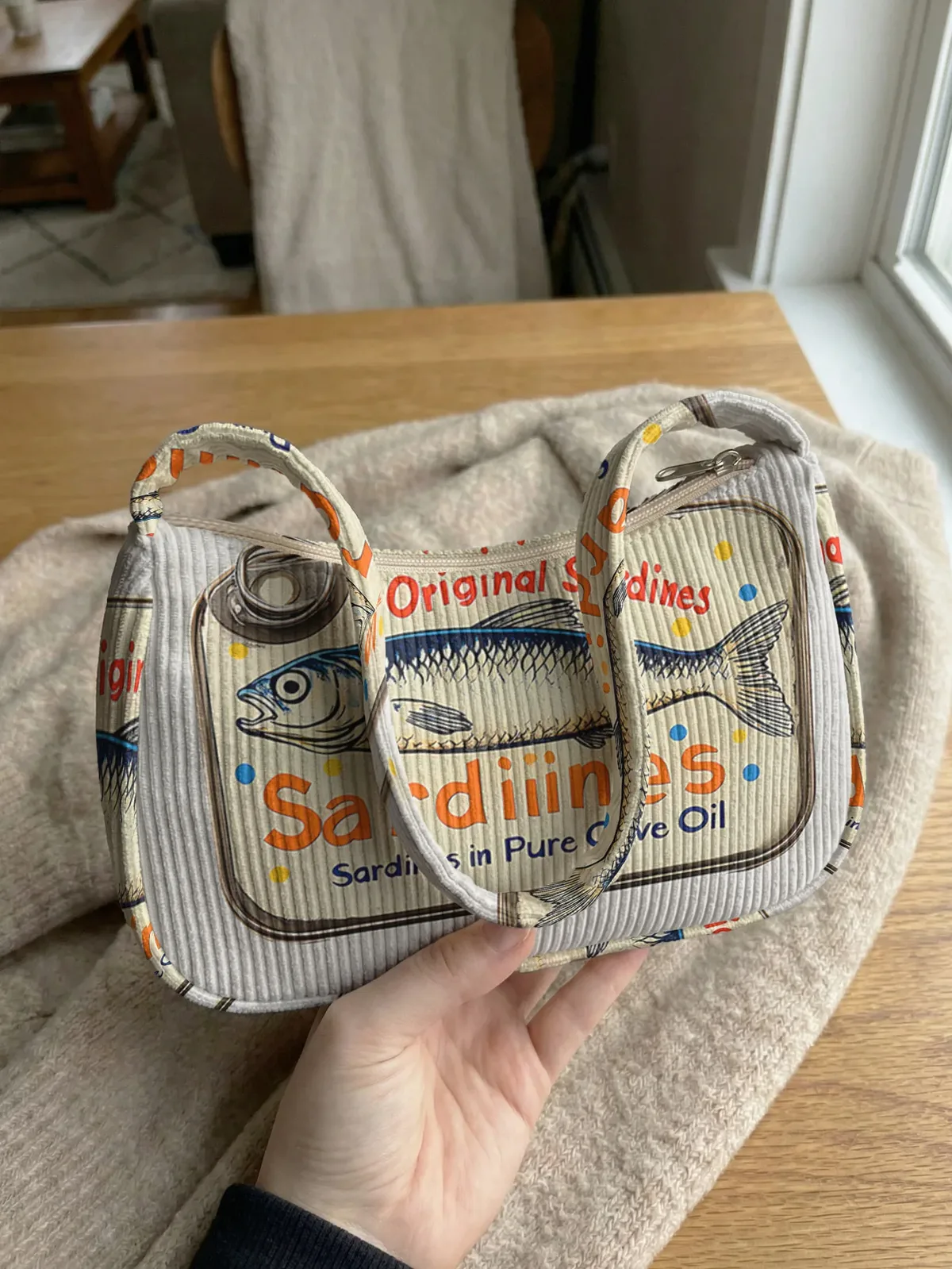 Sac à bandoulière tendance imprimé sardine, sac sous le bras en velours côtelé pour un usage quotidien décontracté