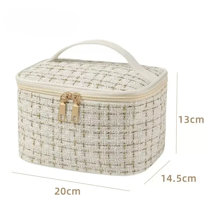 trousse toilette tweed luxe blanc doré zip double poignée supérieure compartiments multiples voyage femmes