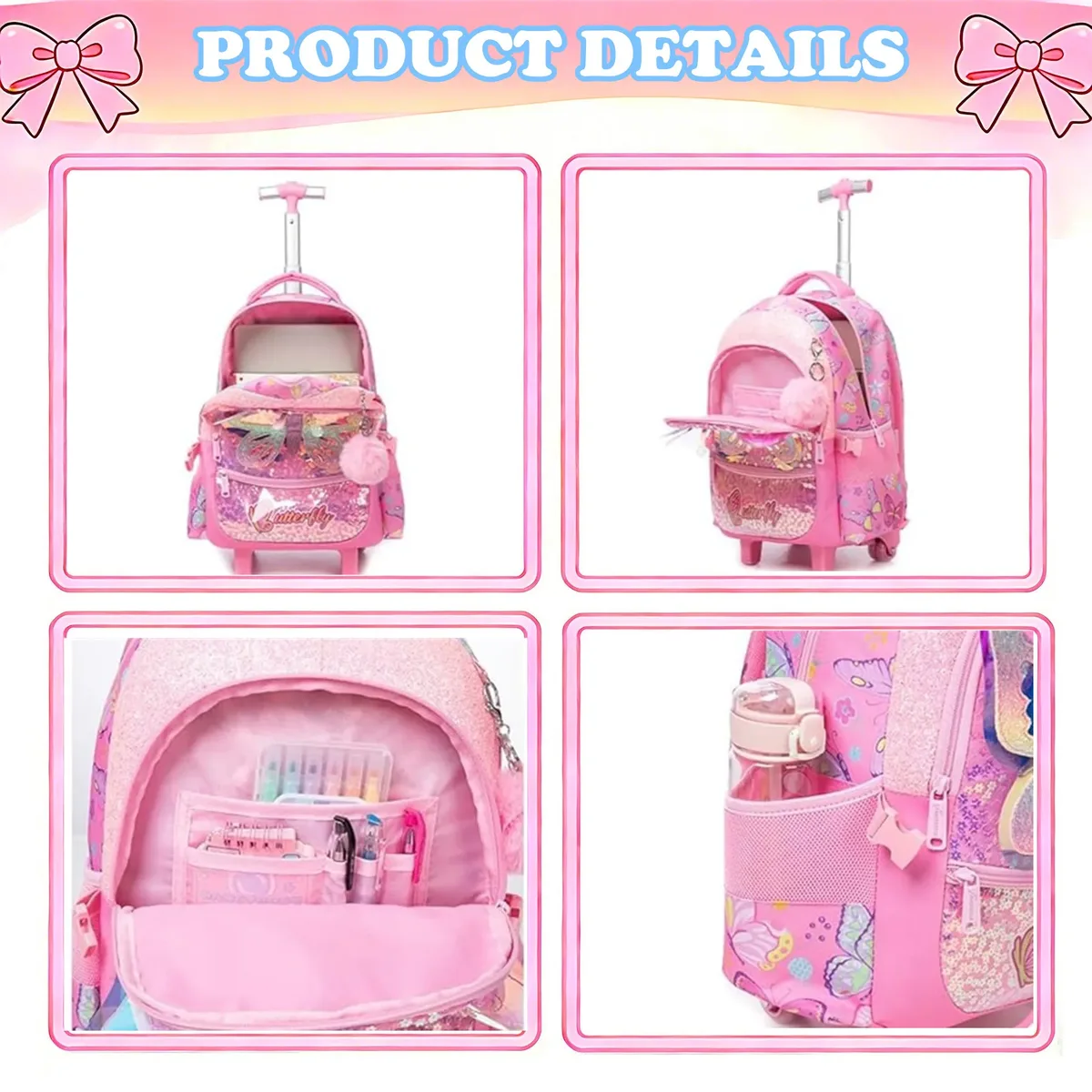 sac à dos à roulettes pour enfants, sac à dos pour filles, sac de voyage à roulettes, sacs à roulettes pour l'école avec boîte à lunch isotherme