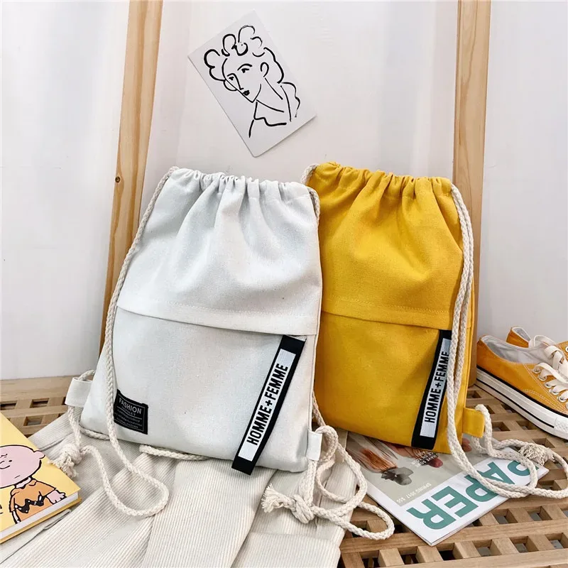 sac en toile pour étudiants, sac à dos style cordon de serrage, couleur unie, sac en tissu simple, sac décontracté de poche pour hommes et femmes, portable