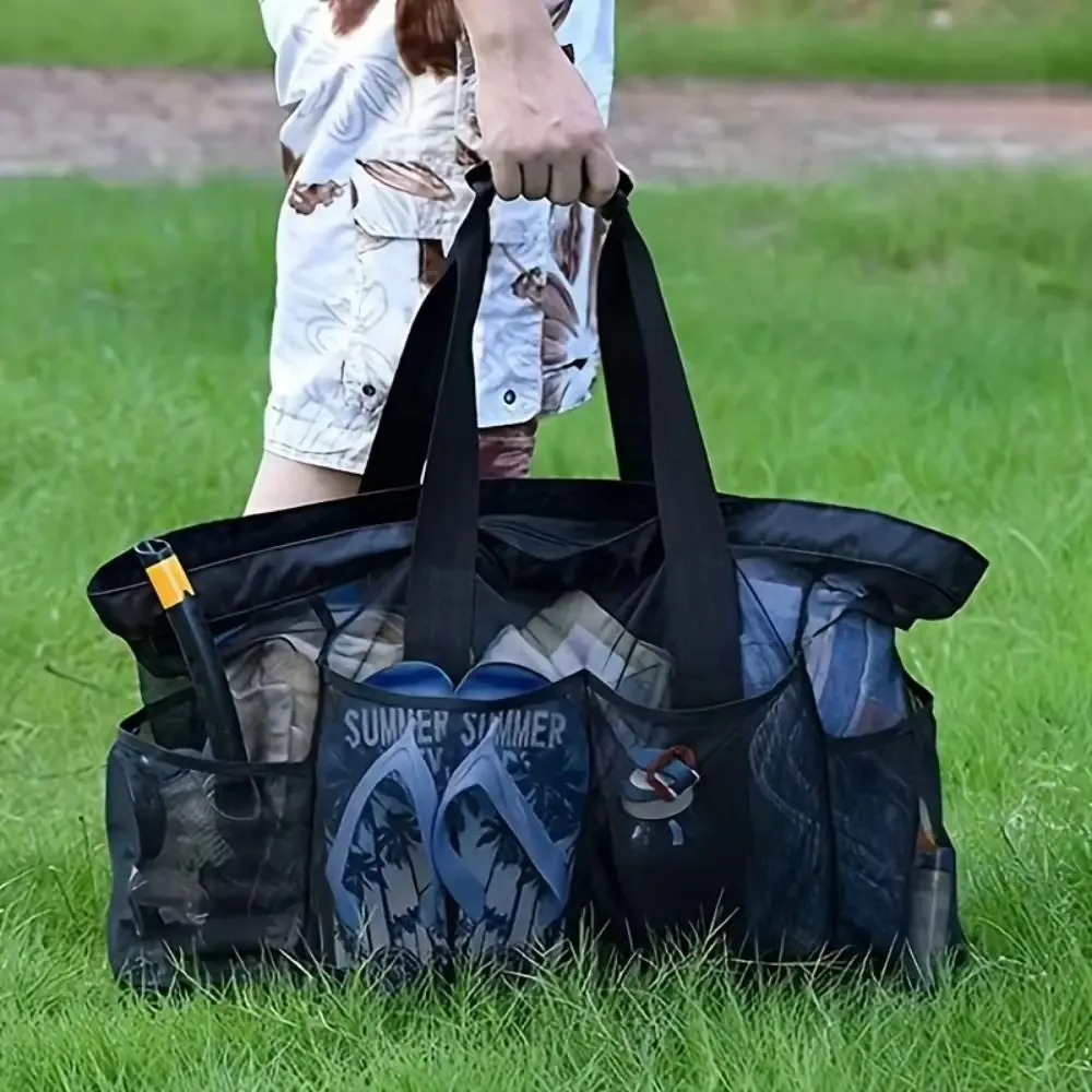 sac de plage en maille grande capacité avec cordon de serrage, paniers légers pour jouets de plage, sac de rangement portable multi-usages avec boutons-pression pour le bain