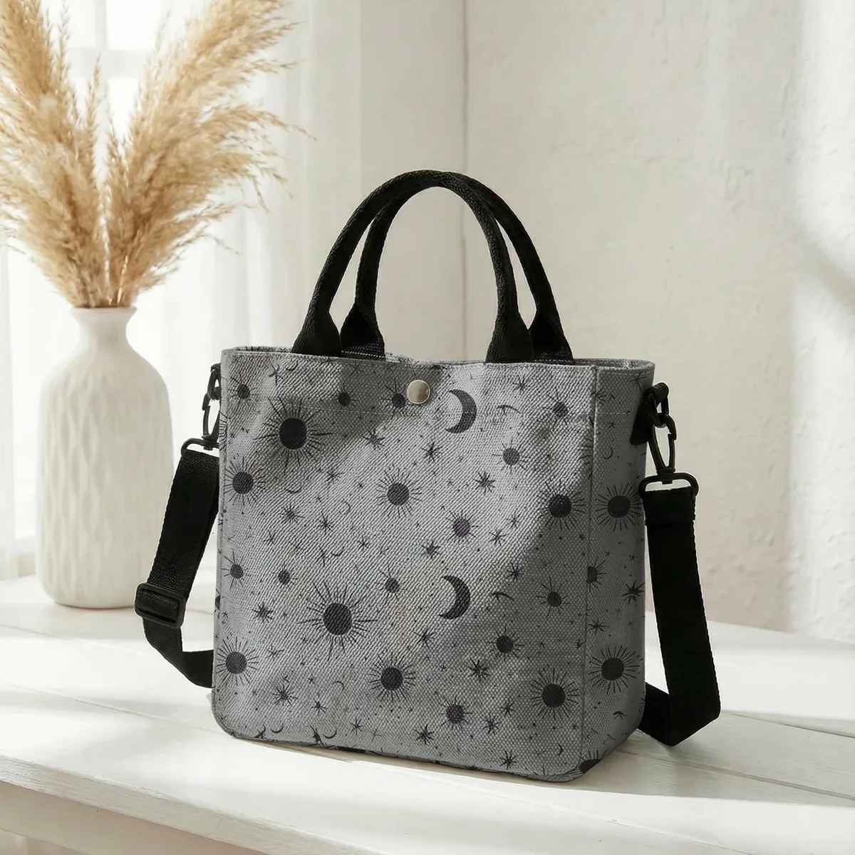 sac fourre-tout violet imprimé soleil, lune et étoiles, avec bandoulière amovible, sac à main pour femme, pour les courses quotidiennes