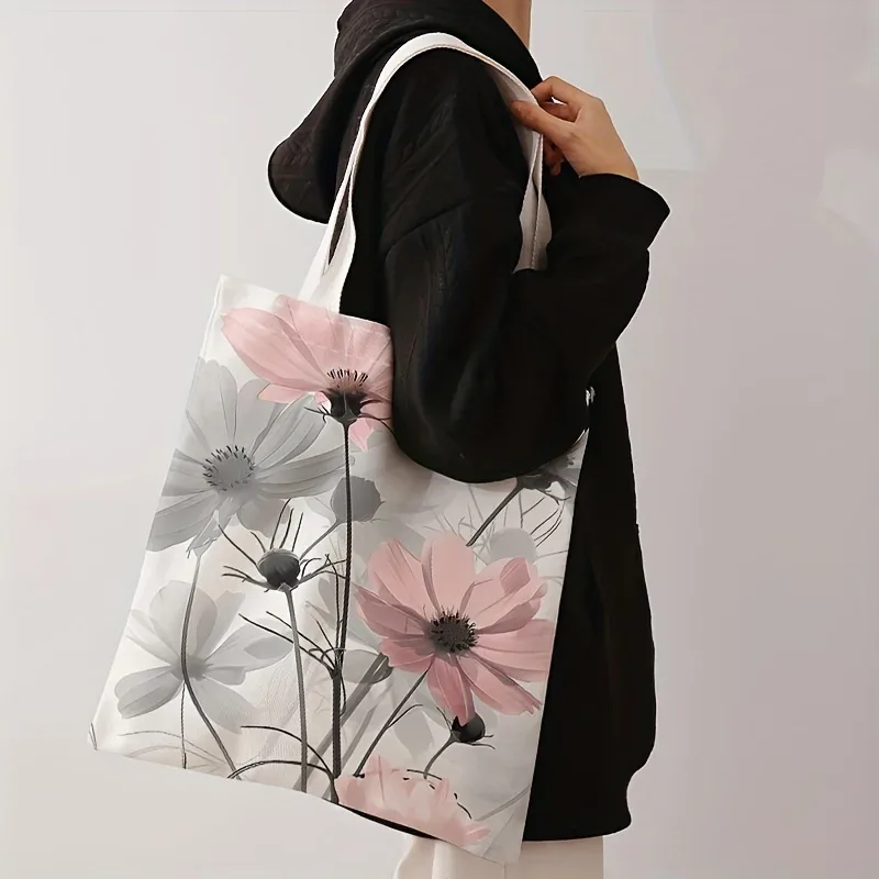 sac fourre-tout imprimé à motif de lettres florales, sac à bandoulière réutilisable à la mode, sac à main en polyester, sac de shopping léger et décontracté
