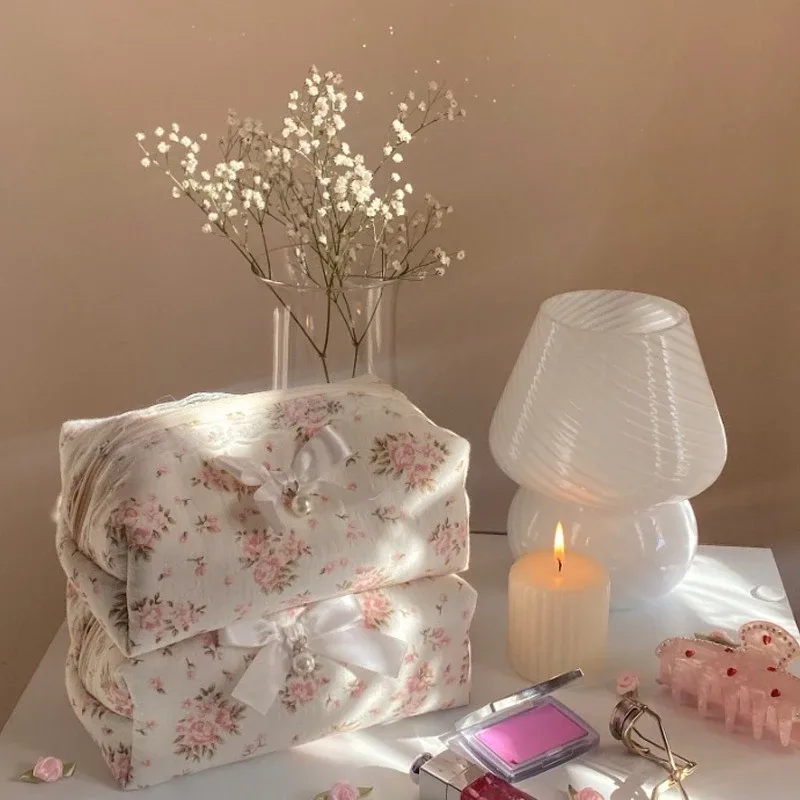 trousse de maquillage noire en dentelle avec nœud pour femme, grande capacité, sac de toilette de voyage, organisateur cosmétique mignon coréen, pochette portable pour femme