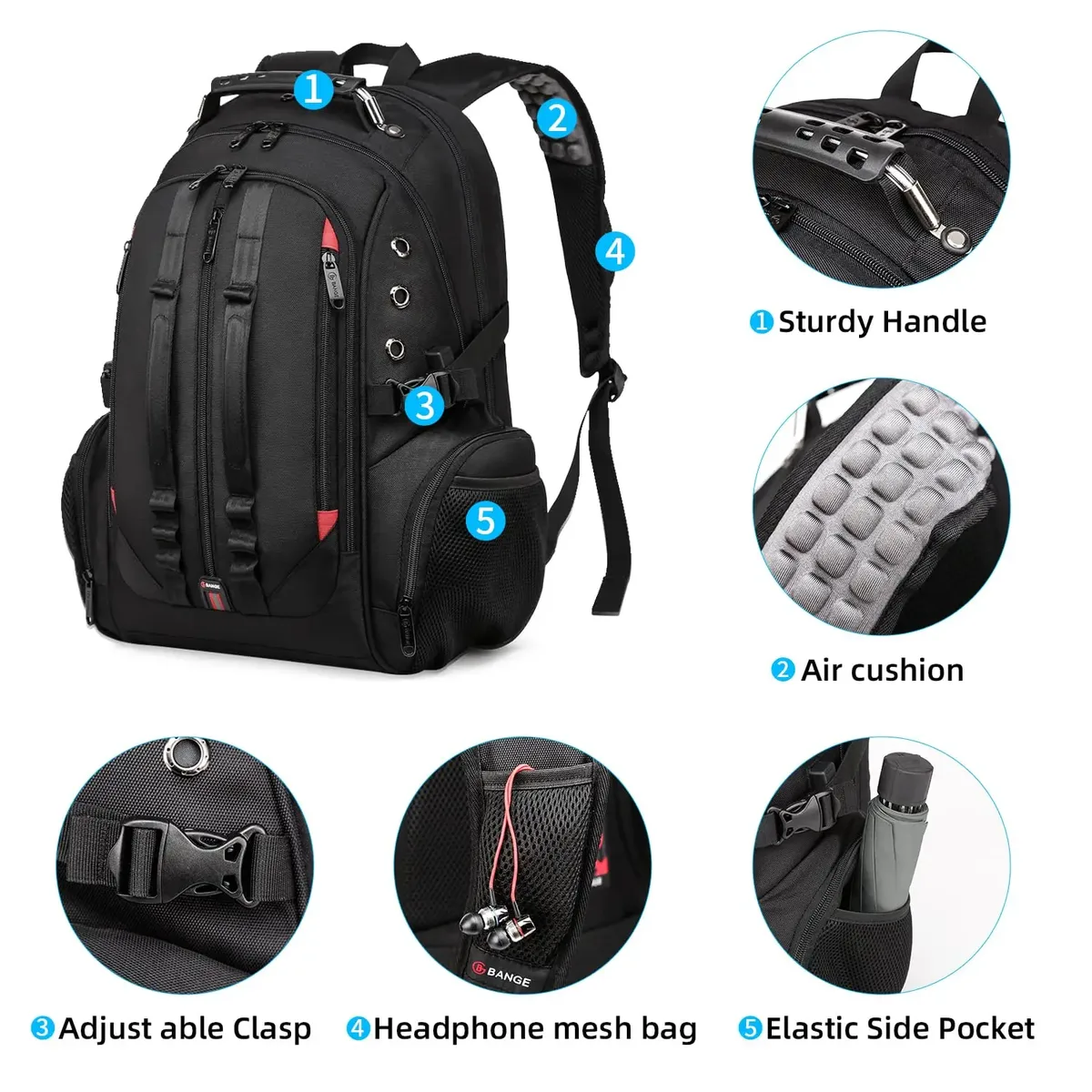 sac dos oxford université polyester noir compartiments multiples poches ordinateur portable bandoulière ergonomique recharge usb anti vol