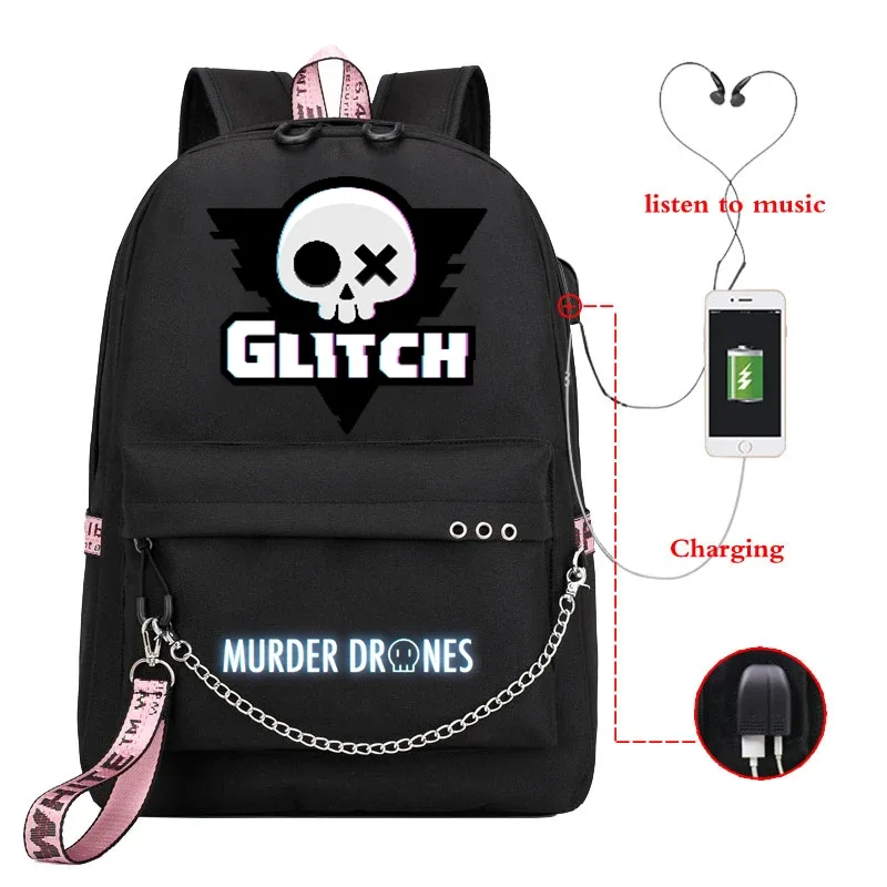 sac dos toile dessin animé personnages colorés logo murder drones chaîne métallique câble usb voyage capacité 20 35 litres