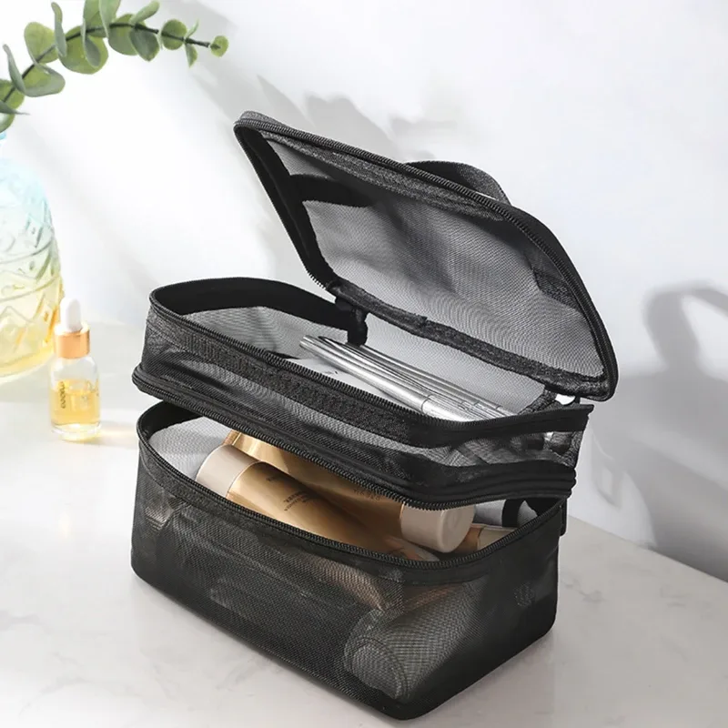 sac de rangement portable à 2 couches en maille avec fermeture éclair, trousse de maquillage à main, sac de voyage pliable transparent, pochette de toilette grande capacité