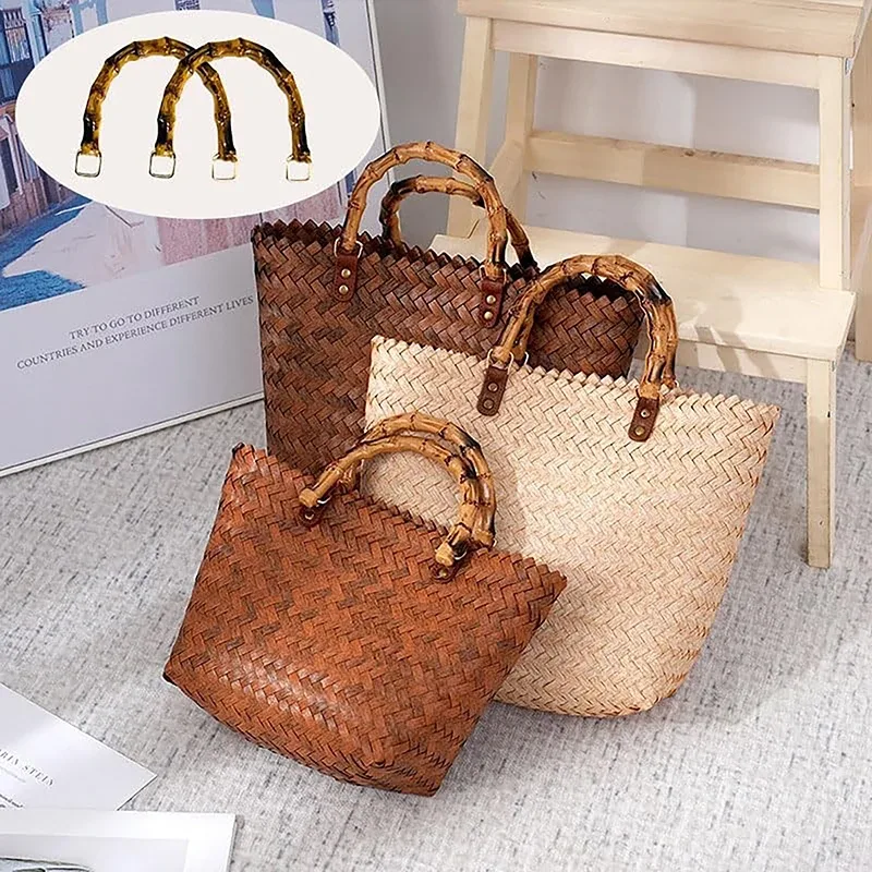 poignée sac plastique bambou ornamentation marron clair anses incurvées boucles dorées projet bricolage usage polyvalent remplacement sac main sacs paille bricolage