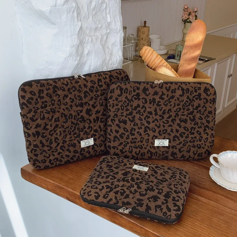 Sac de rangement pour ordinateur portable en velours côtelé, décoration décontractée à imprimé léopard, 11/13/15 pouces, adapté aux déplacements quotidiens