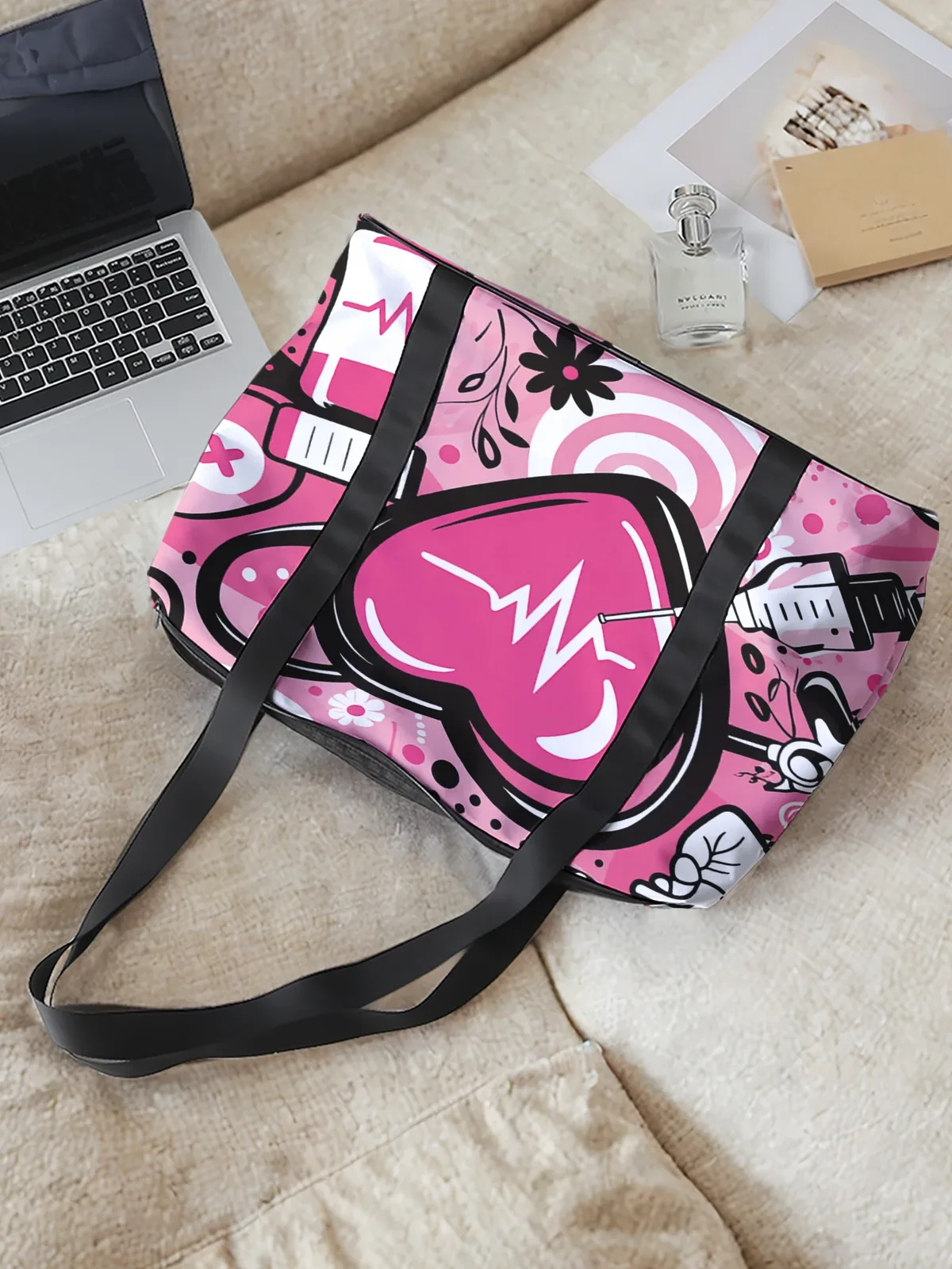 grand sac fourre-tout à imprimé cœur médical, sac à main à bandoulière, sac de rangement à larges sangles pour les voyages, la plage, le shopping, la salle de sport et les trajets quotidiens
