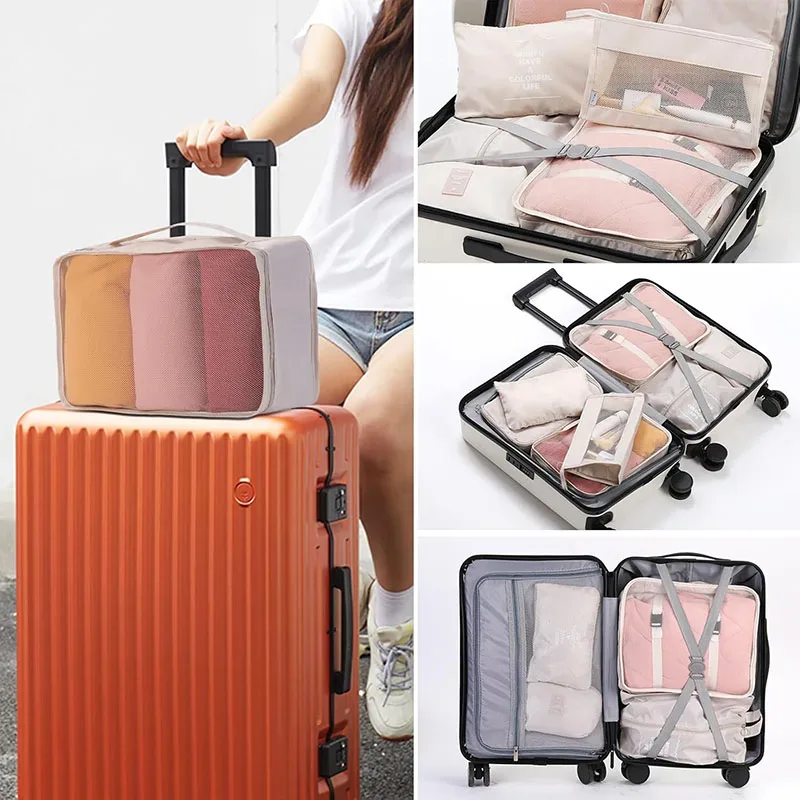 organisateur voyage polyester visibilité sac compresseur vêtements accessoires beige rose pâle léger résistant transport